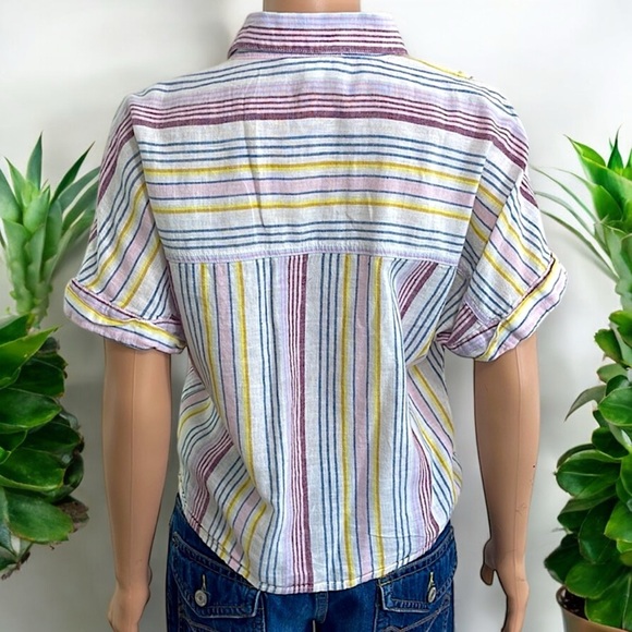 Beach Lunch Lounge Linen Rainbow Brooklyn Womens Stripe Tie-Front Button-DownTop - Picture 14 of 16